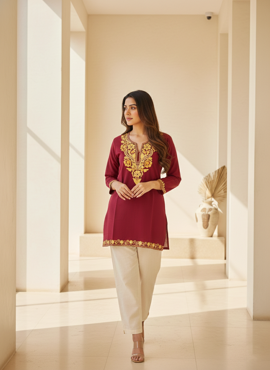 Maroon and Gold Yellow Aari Embroidered Cotton Short Kurti