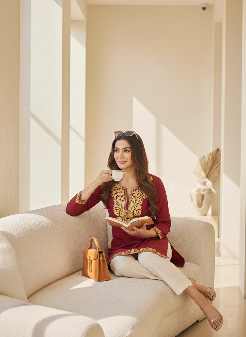 Maroon and Gold Yellow Aari Embroidered Cotton Short Kurti