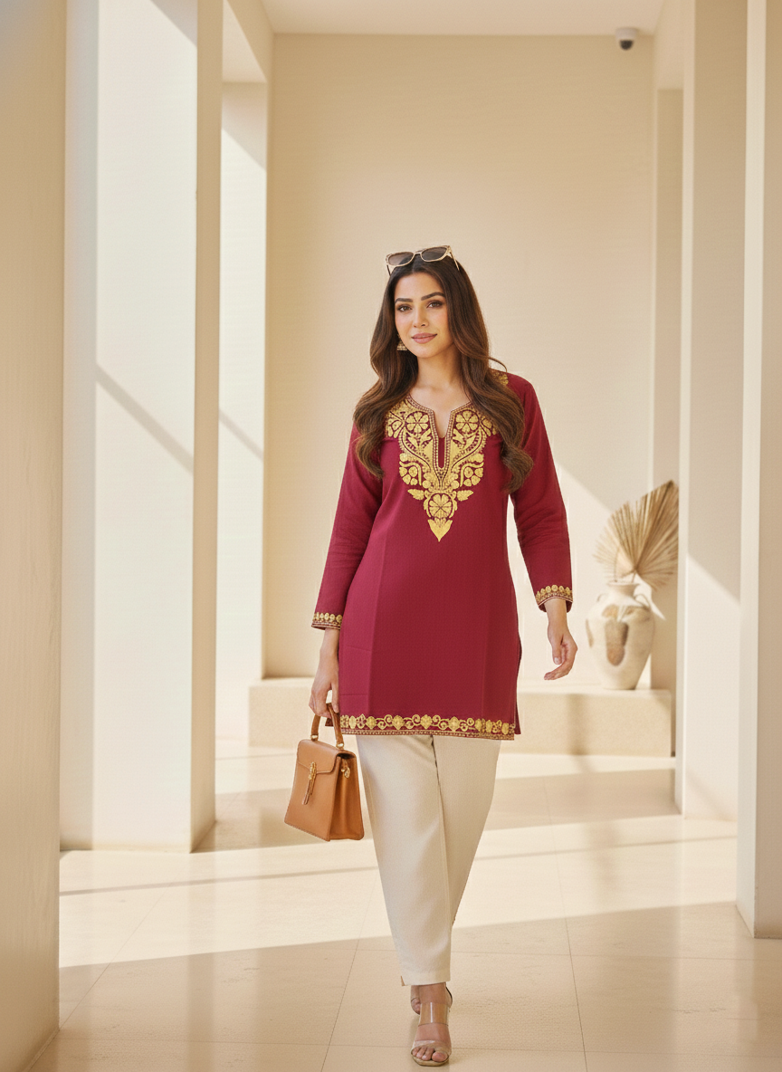Maroon and Gold Yellow Aari Embroidered Cotton Short Kurti