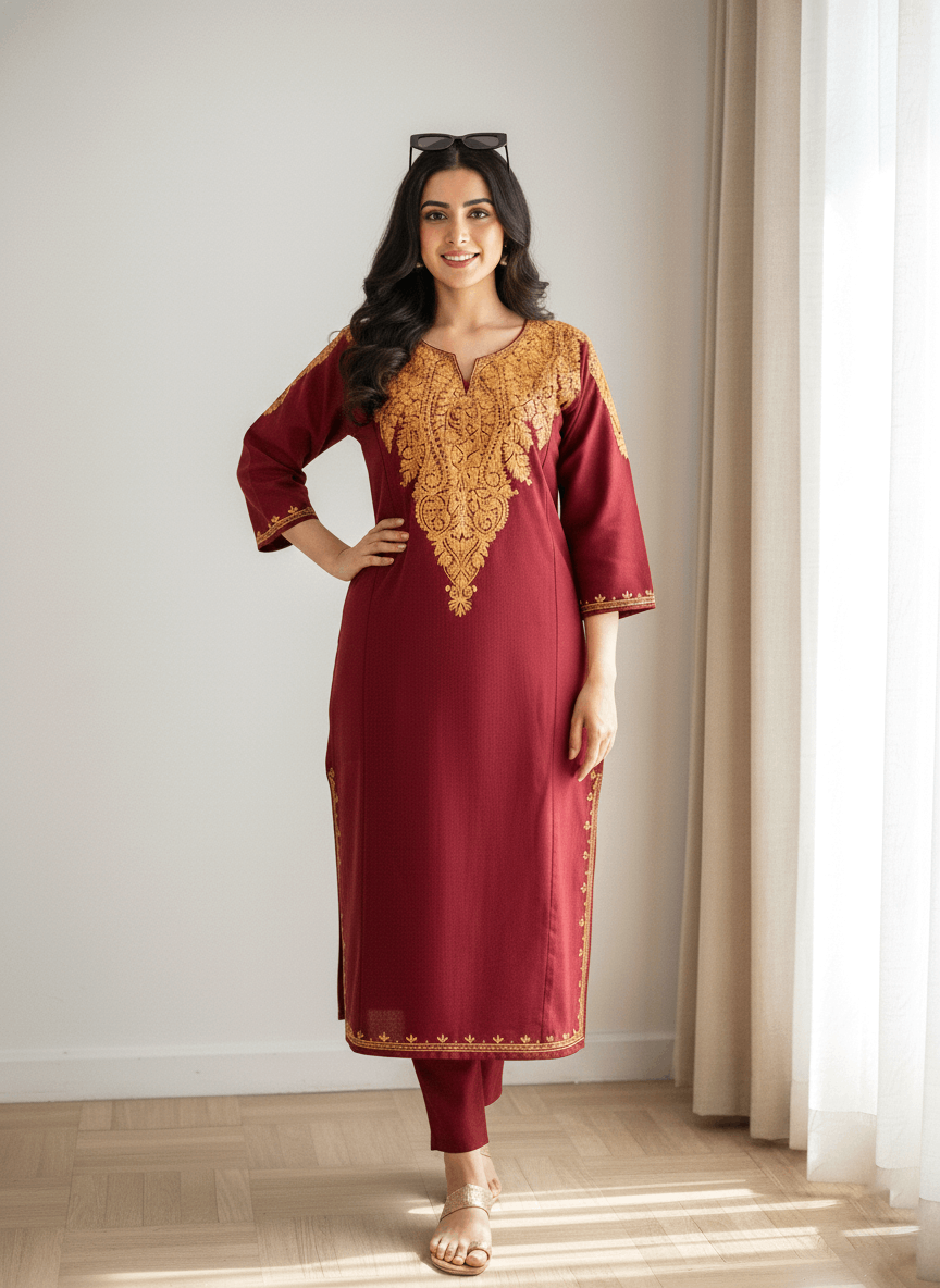 Maroon and Orange Floral Aari Embroidered Kashmiri Pheran