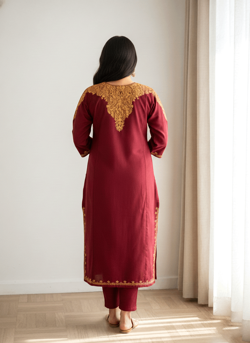 Maroon and Orange Floral Aari Embroidered Kashmiri Pheran