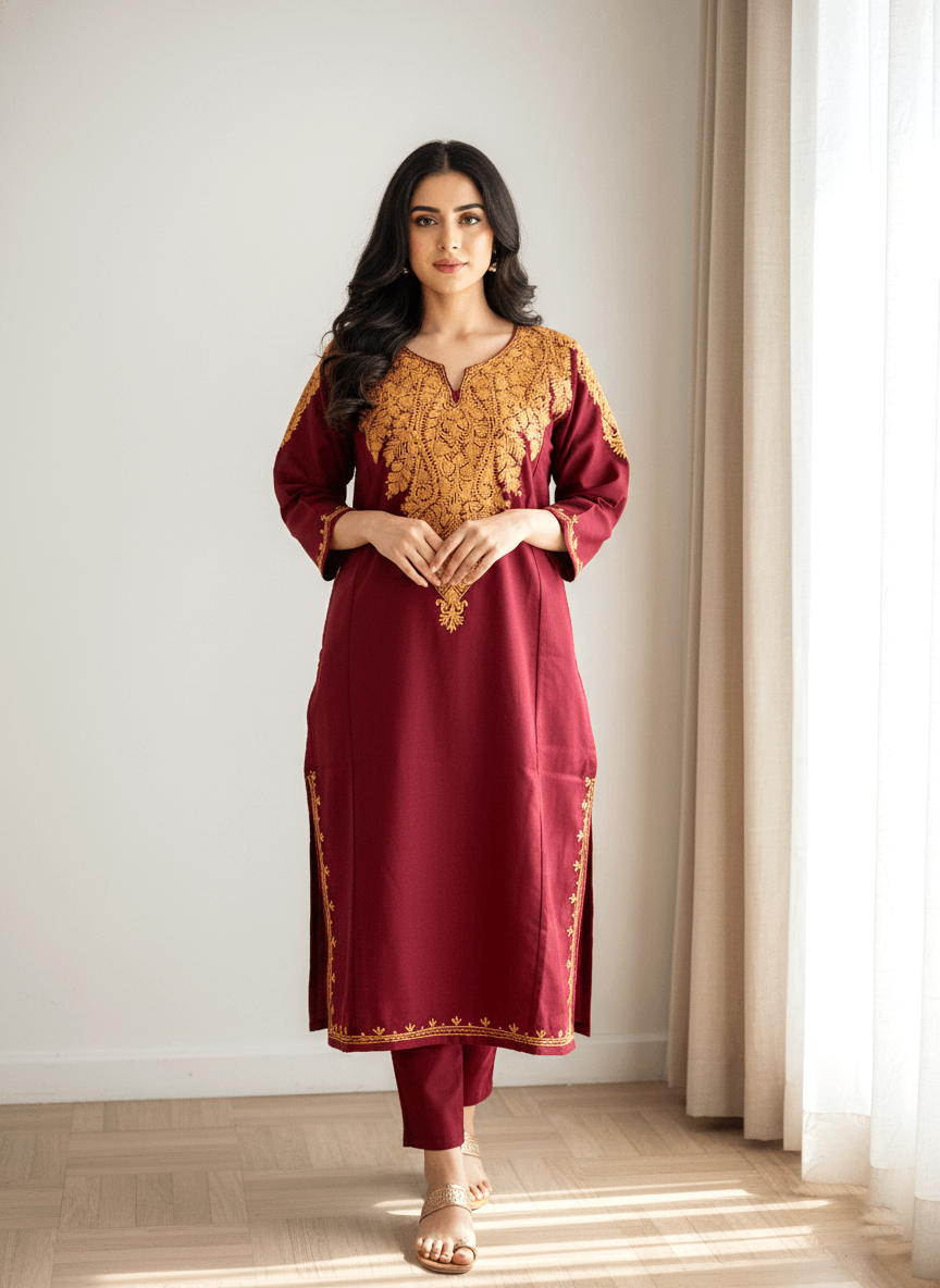 Maroon and Orange Floral Aari Embroidered Kashmiri Pheran