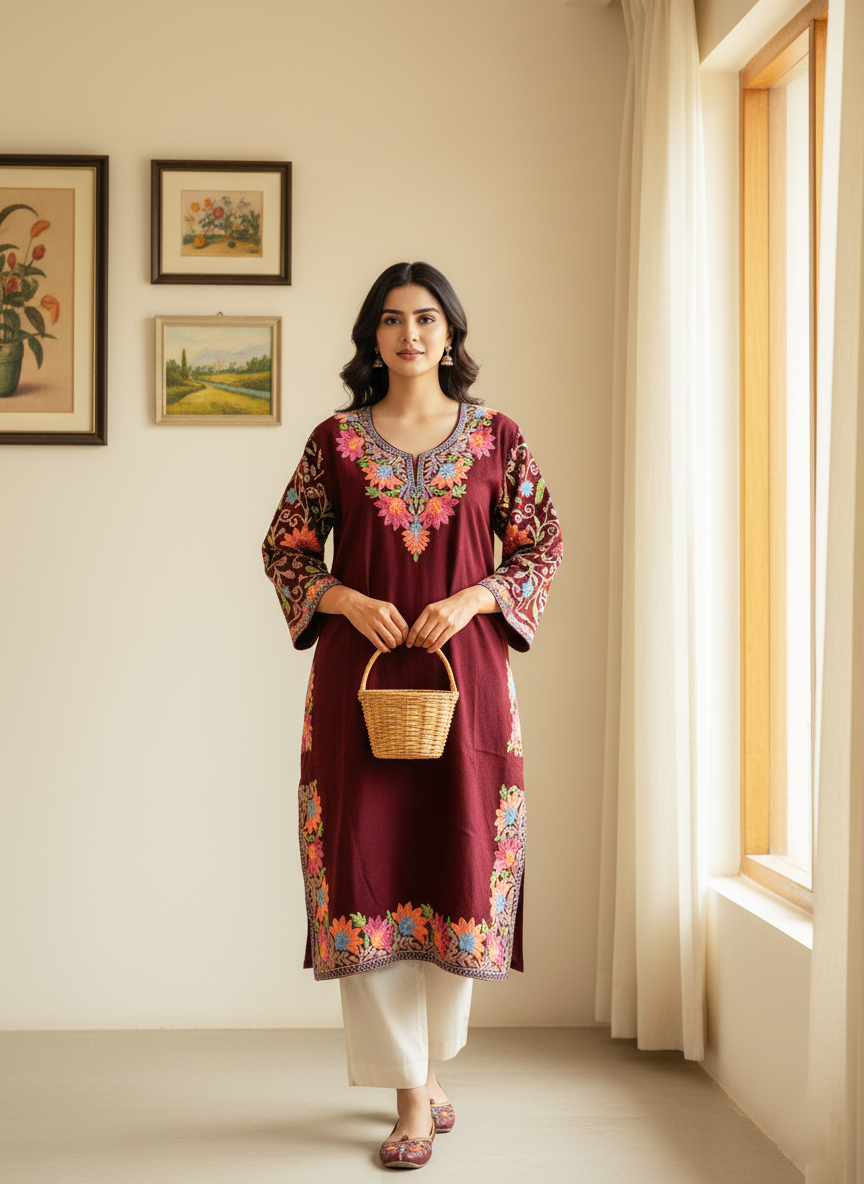 Maroon Kashmiri Embroidered Pheran