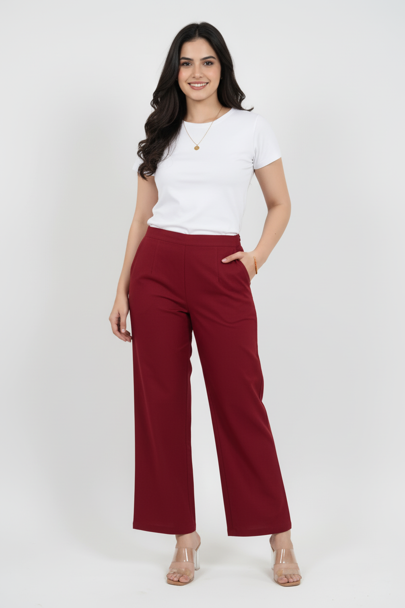 Maroon Women Wide Leg Cotton Pant