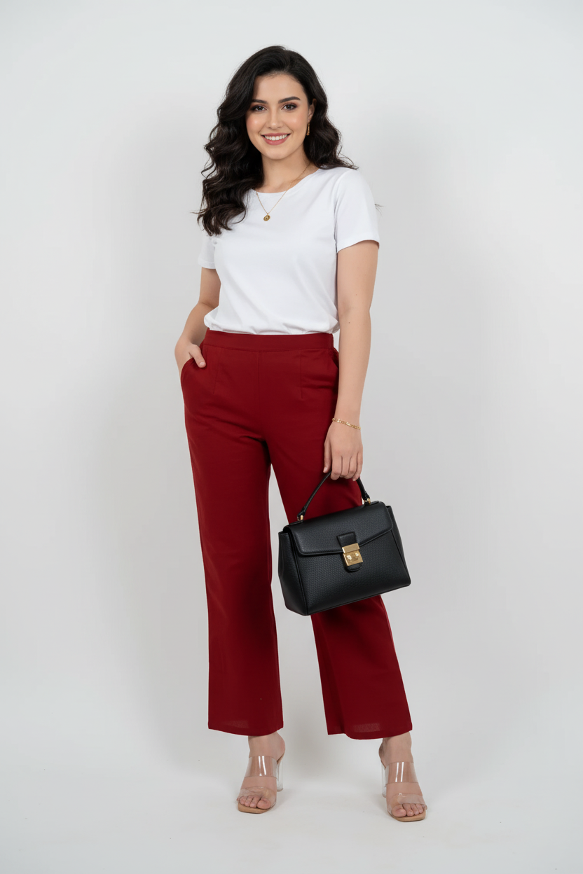 Maroon Women Wide Leg Cotton Pant