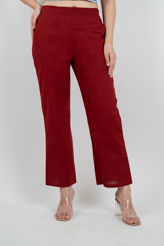 Maroon Women Wide Leg Cotton Pant
