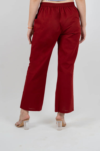 Maroon Women Wide Leg Cotton Pant
