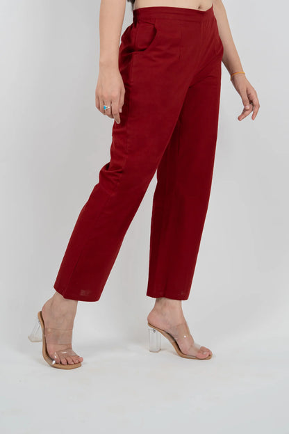 Maroon Women Wide Leg Cotton Pant