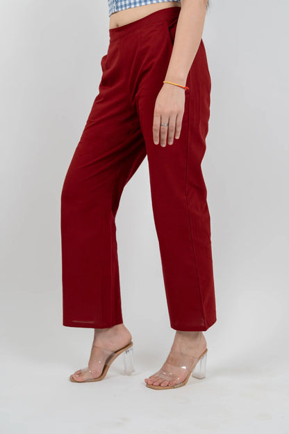 Maroon Women Wide Leg Cotton Pant