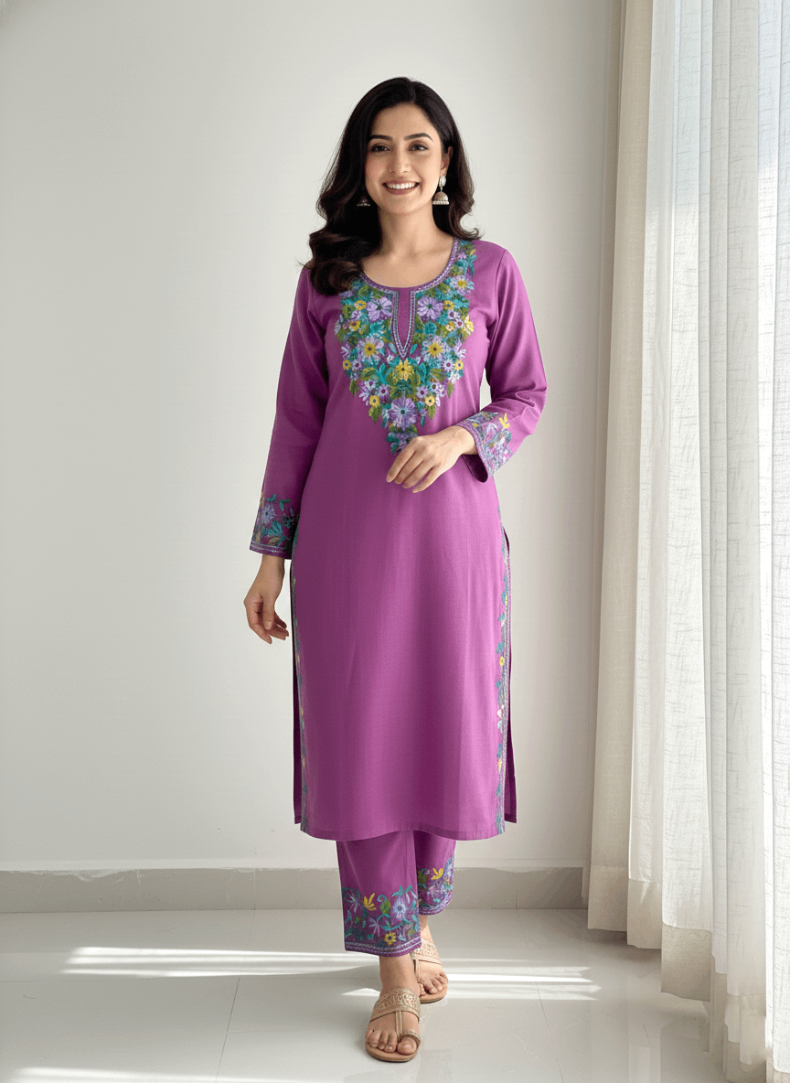 Mauve Purple Aari Embroidered Kashmiri Co-ord set