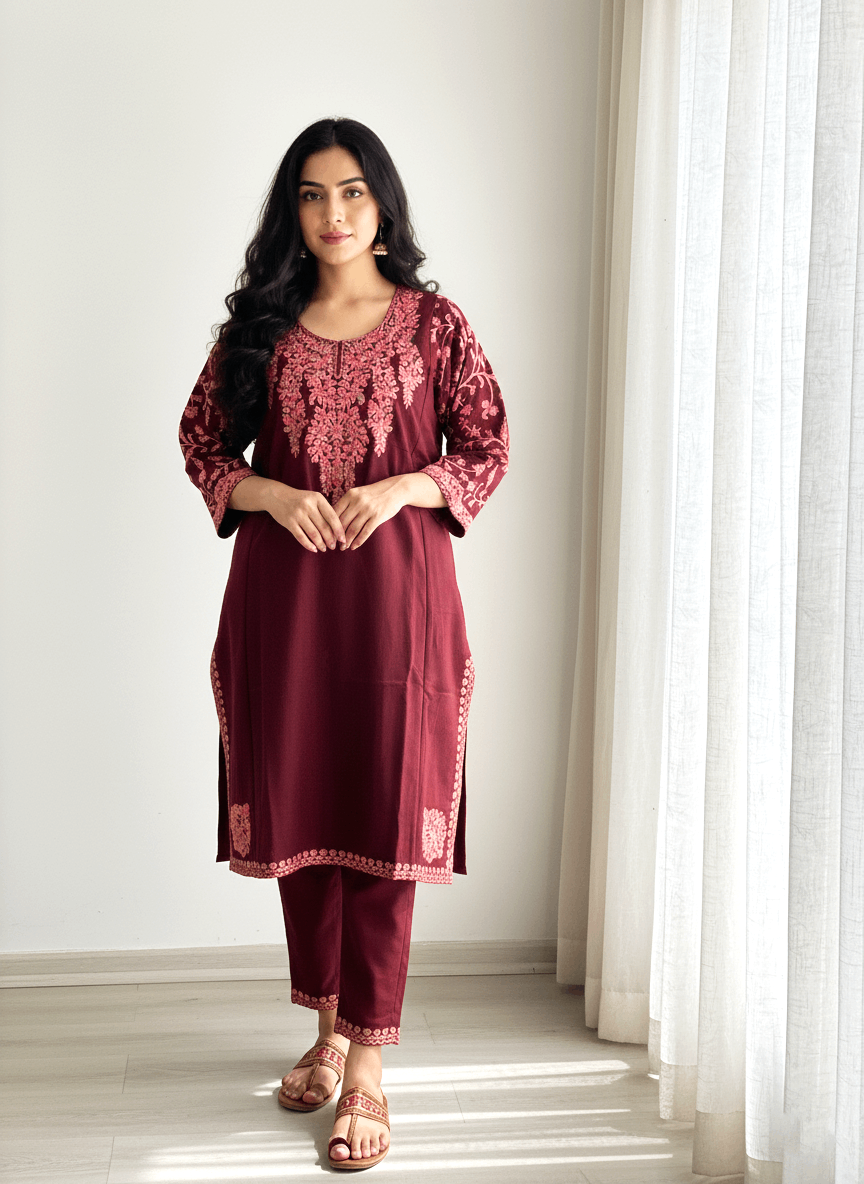 Mehr-e-Gul Maroon Aari Embroidered Kashmiri Pheran