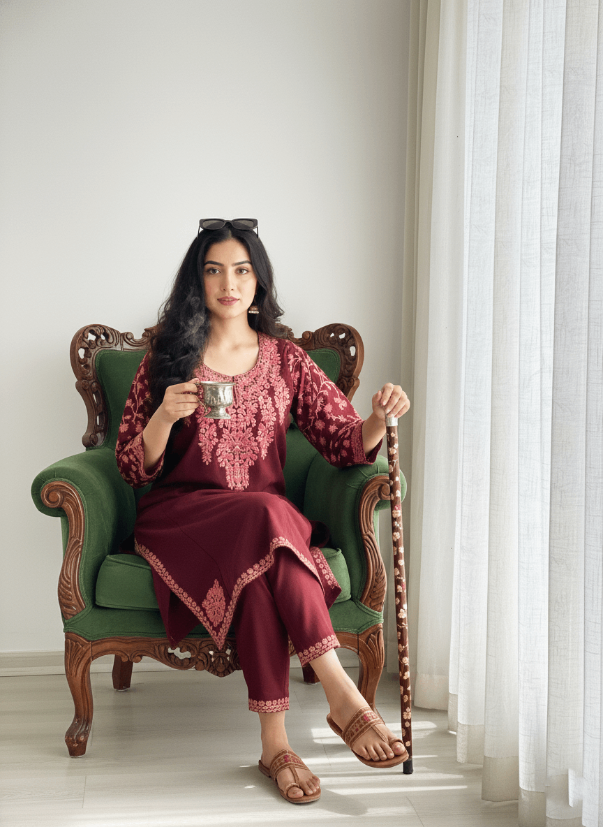 Mehr-e-Gul Maroon Aari Embroidered Kashmiri Pheran