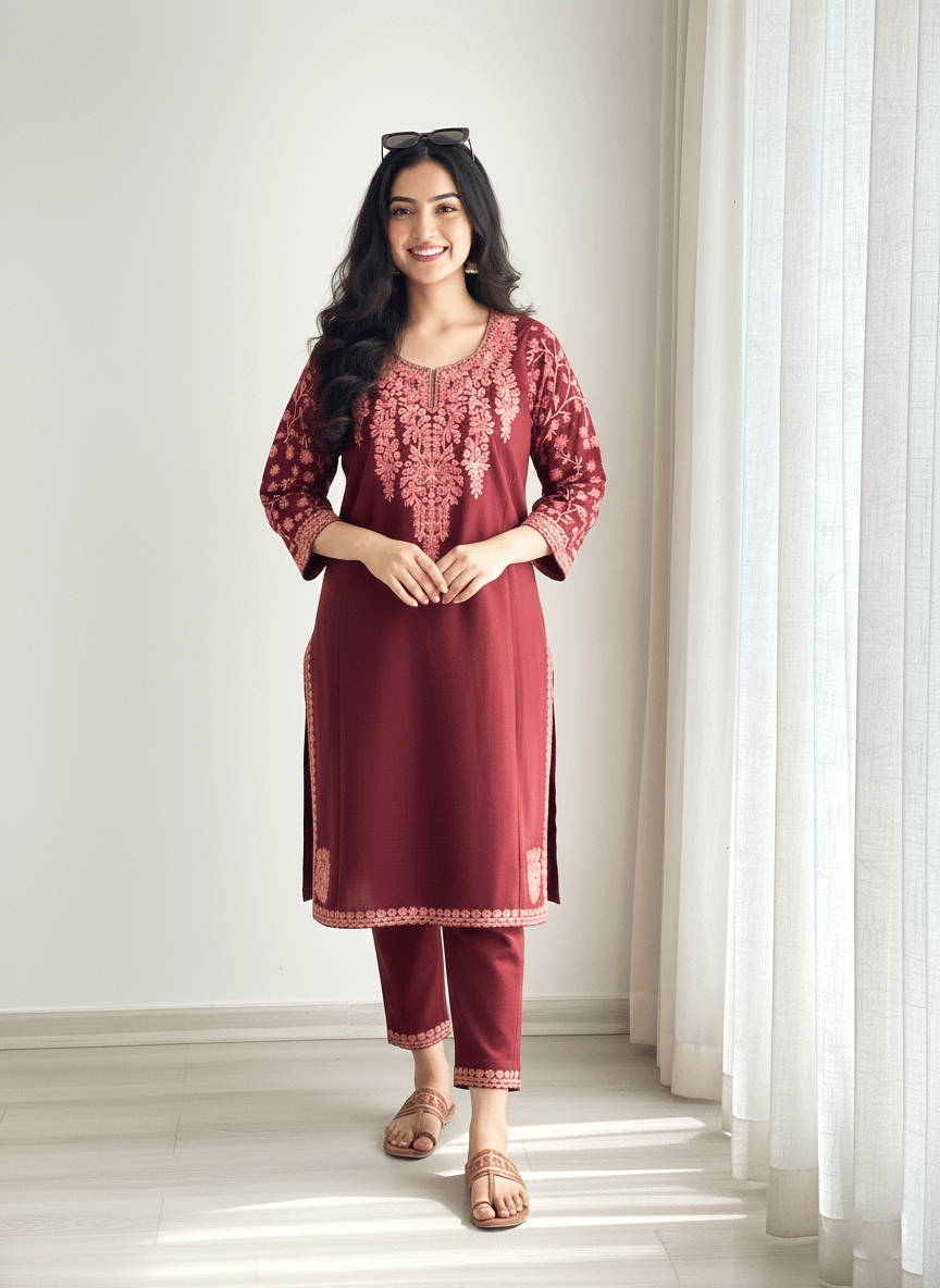 Mehr-e-Gul Maroon Aari Embroidered Kashmiri Pheran