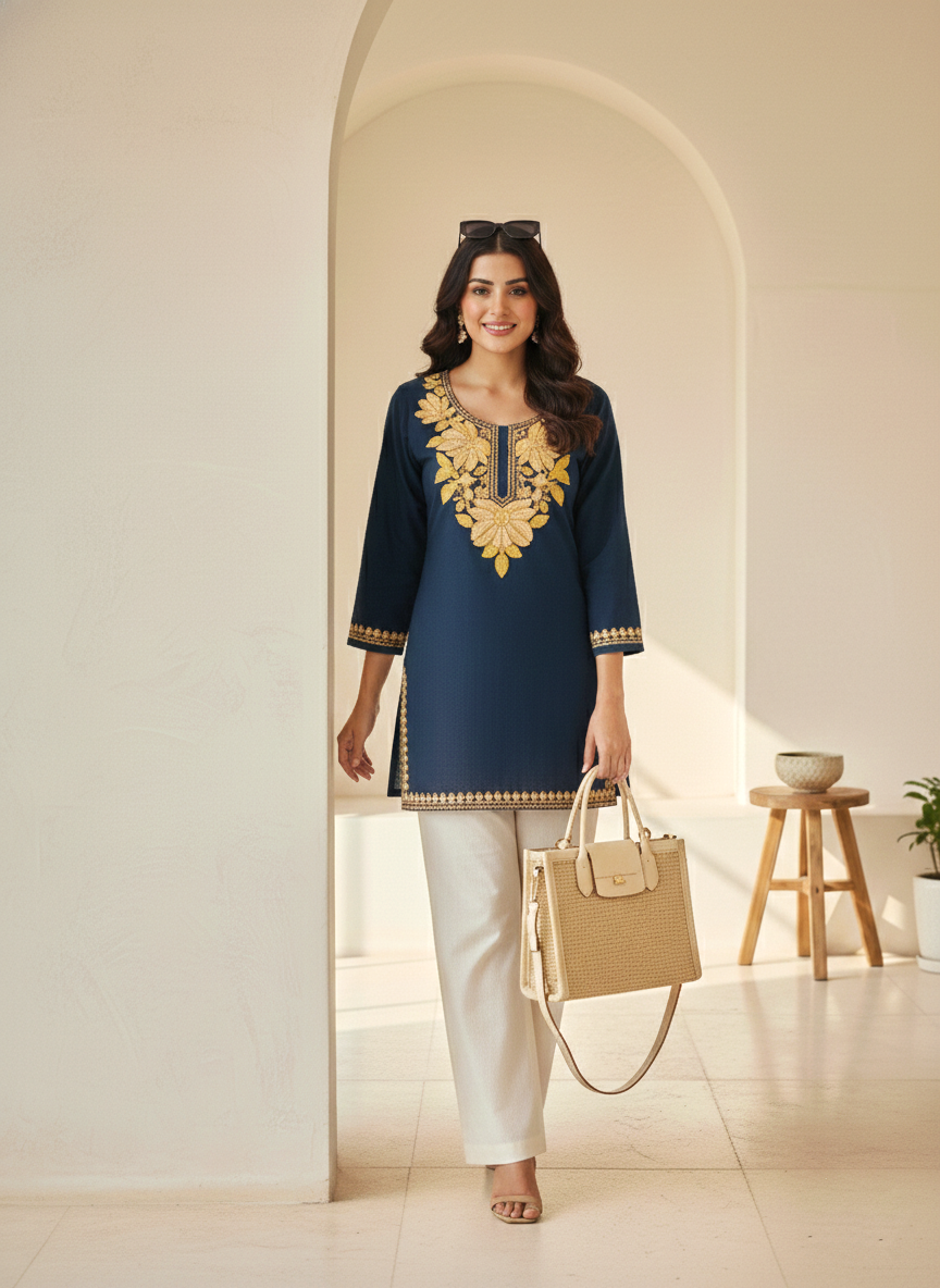 Midnight Blue Gold Aari Embroidered Cotton Short Kurti