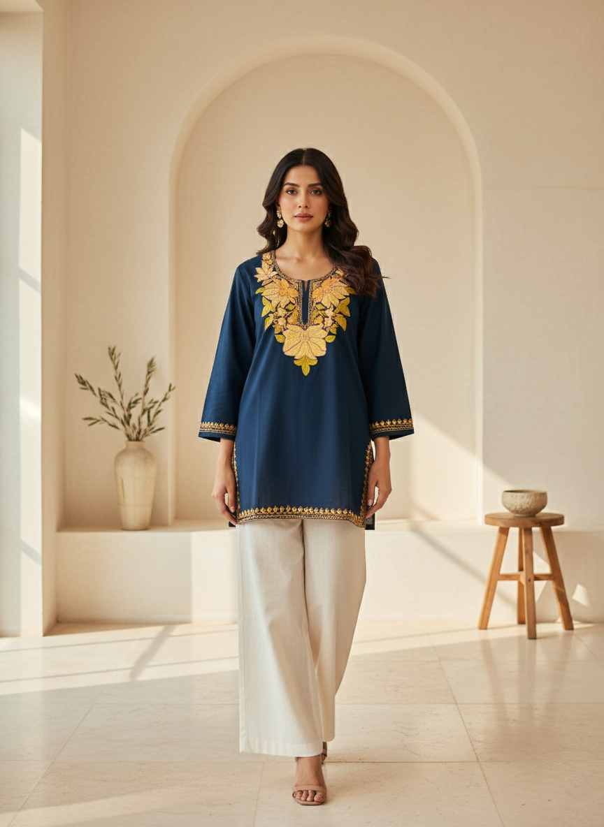 Midnight Blue Gold Aari Embroidered Cotton Short Kurti