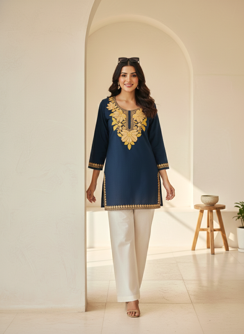 Midnight Blue Gold Aari Embroidered Cotton Short Kurti