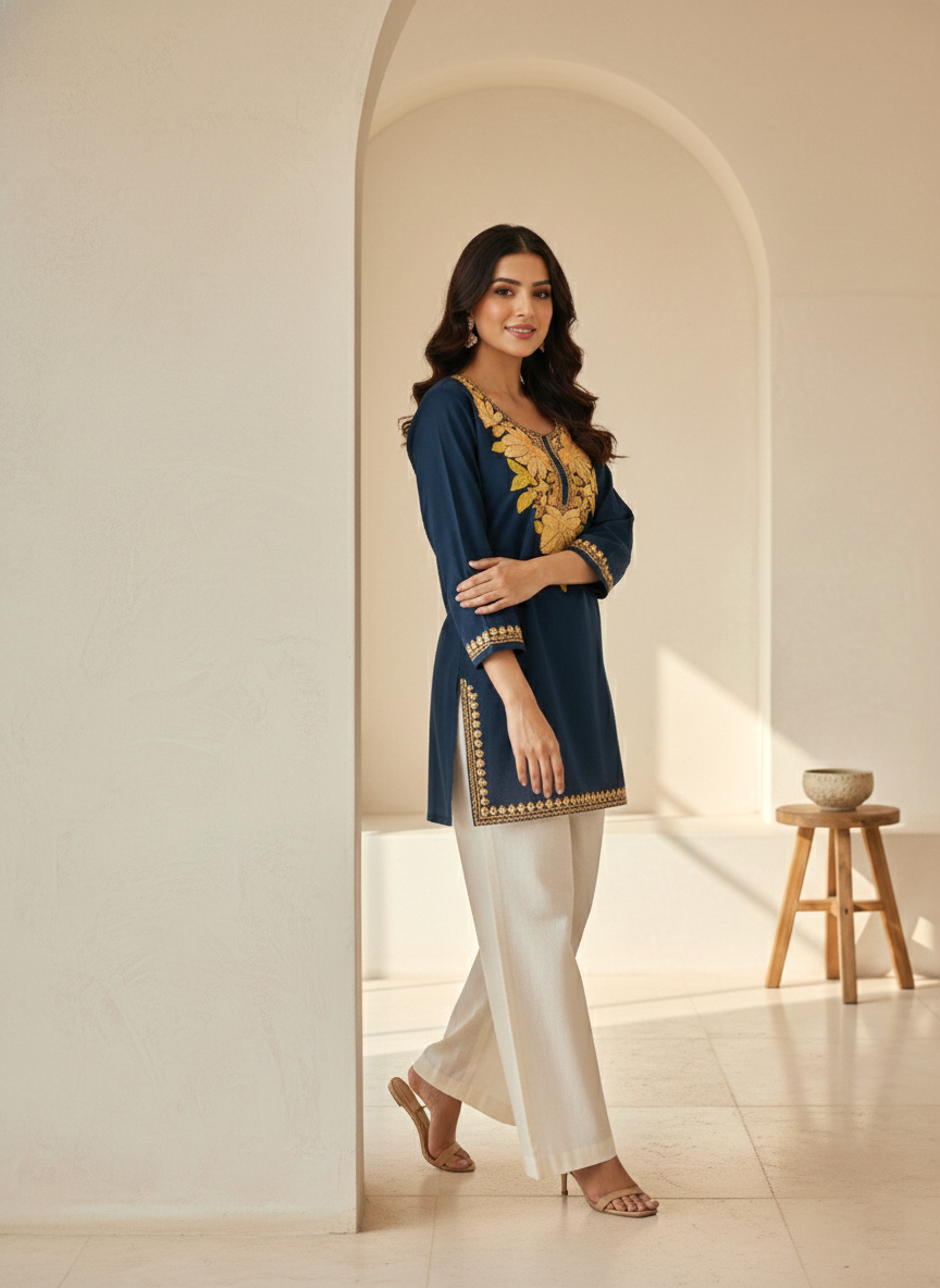 Midnight Blue Gold Aari Embroidered Cotton Short Kurti