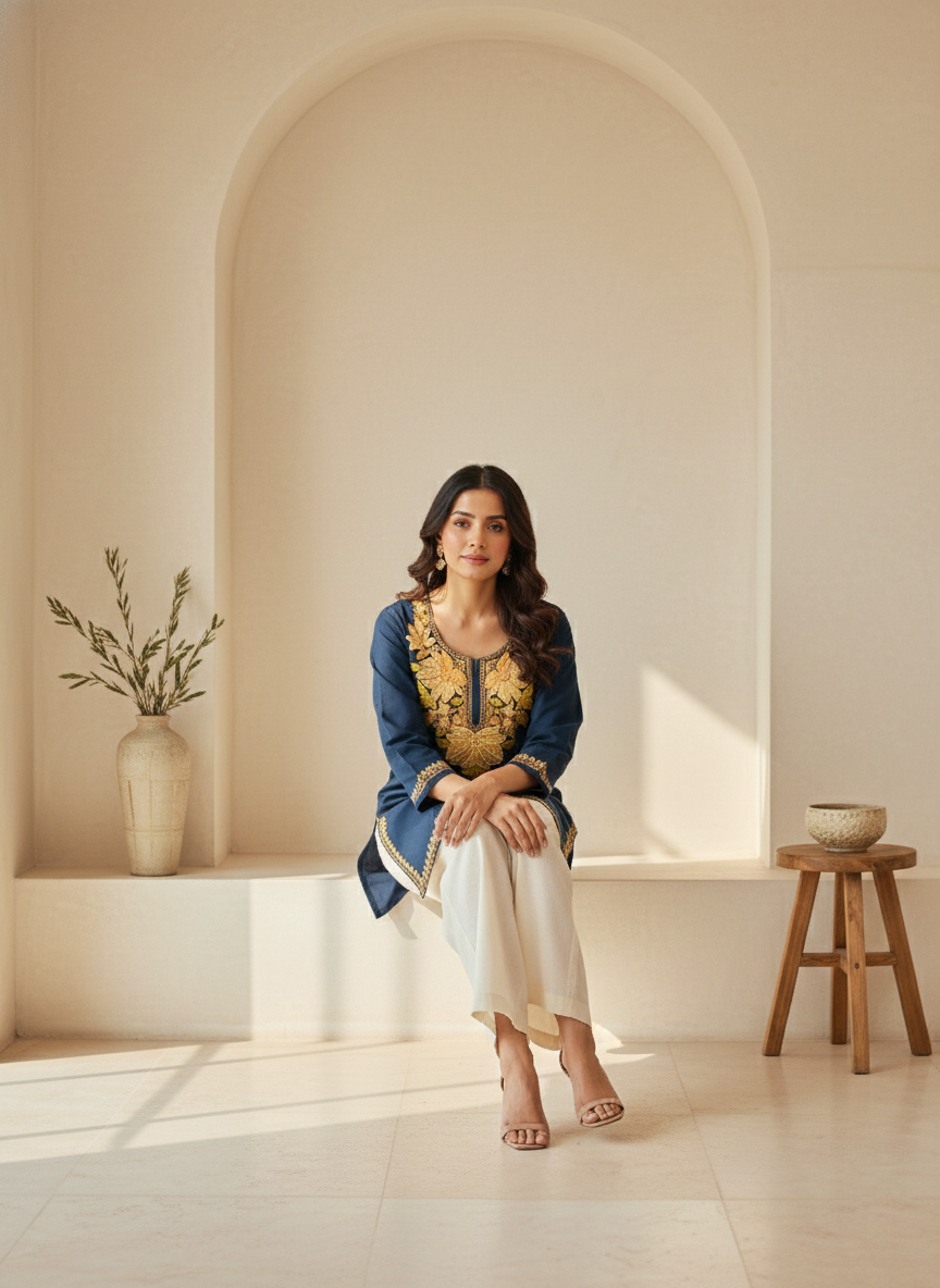 Midnight Blue Gold Aari Embroidered Cotton Short Kurti