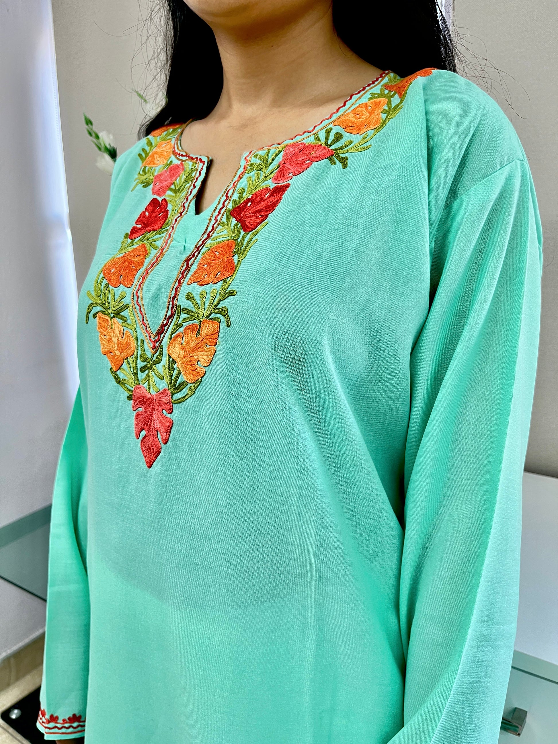 Mint Green Embroidered Cotton Straight Kurti