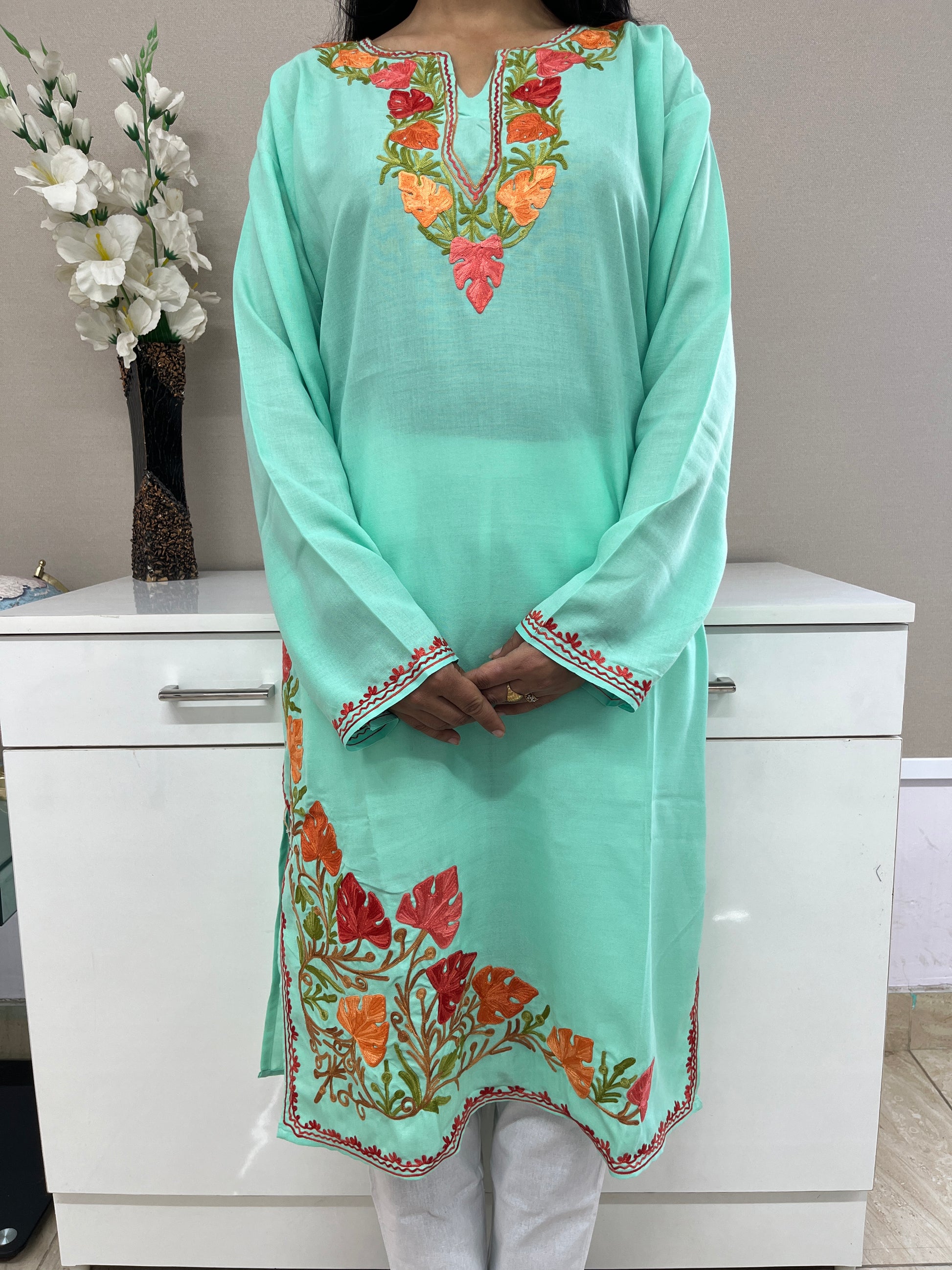 Mint Green Embroidered Thread Work  Cotton Straight Kurti
