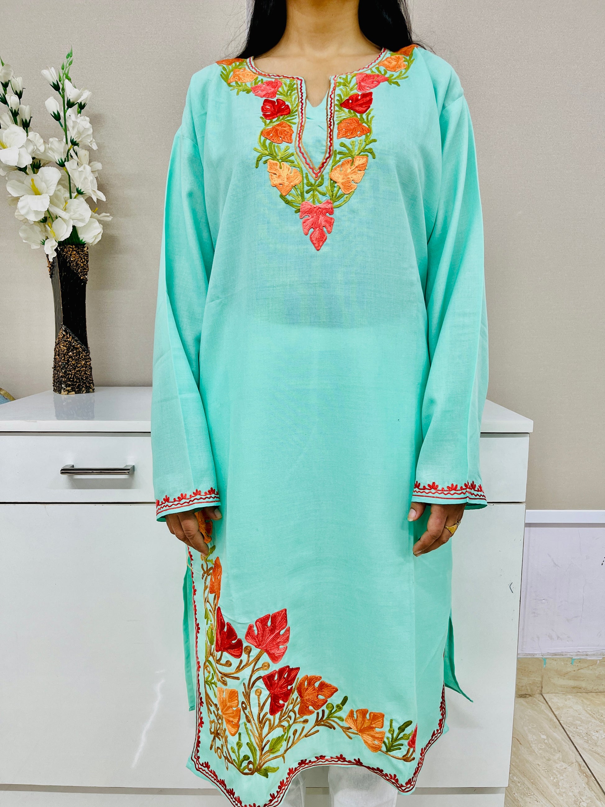 Mint Green Thread Work White Cotton Straight Kurti