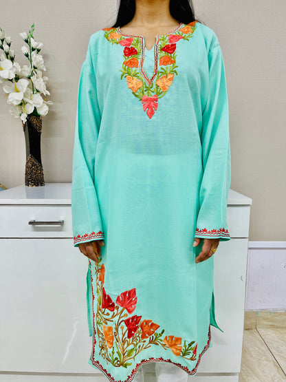 Mint Green Thread Work White Cotton Straight Kurti