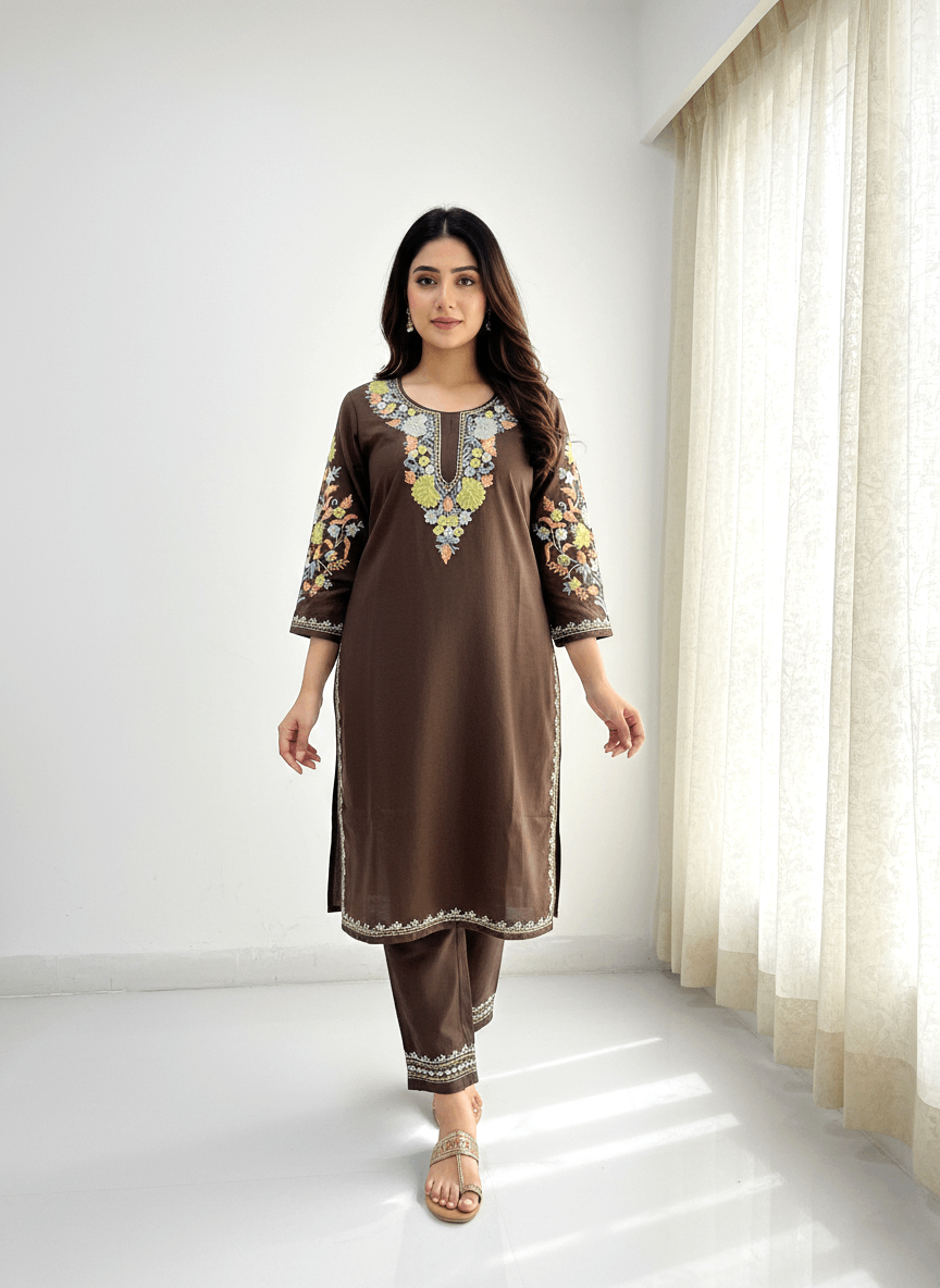 Mocha Brown Floral Aari Embroidered Kashmiri Coord Set