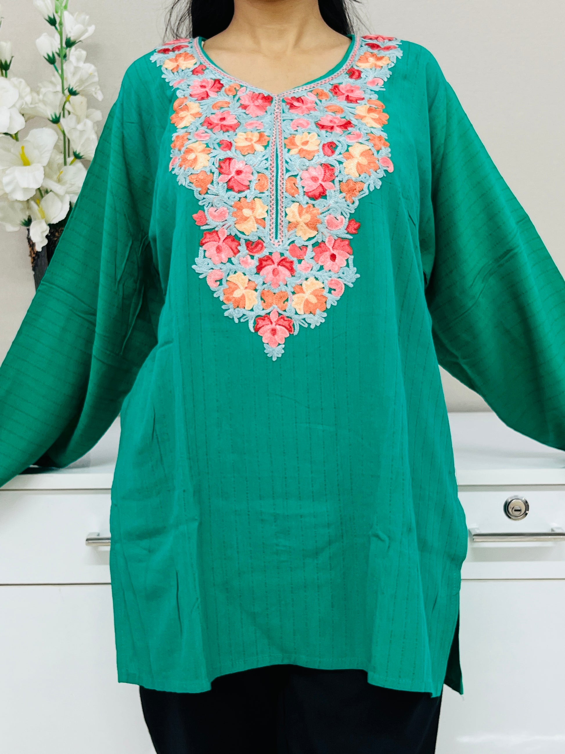  Multicolor Embroidered Cotton Straight Kurti For Women
