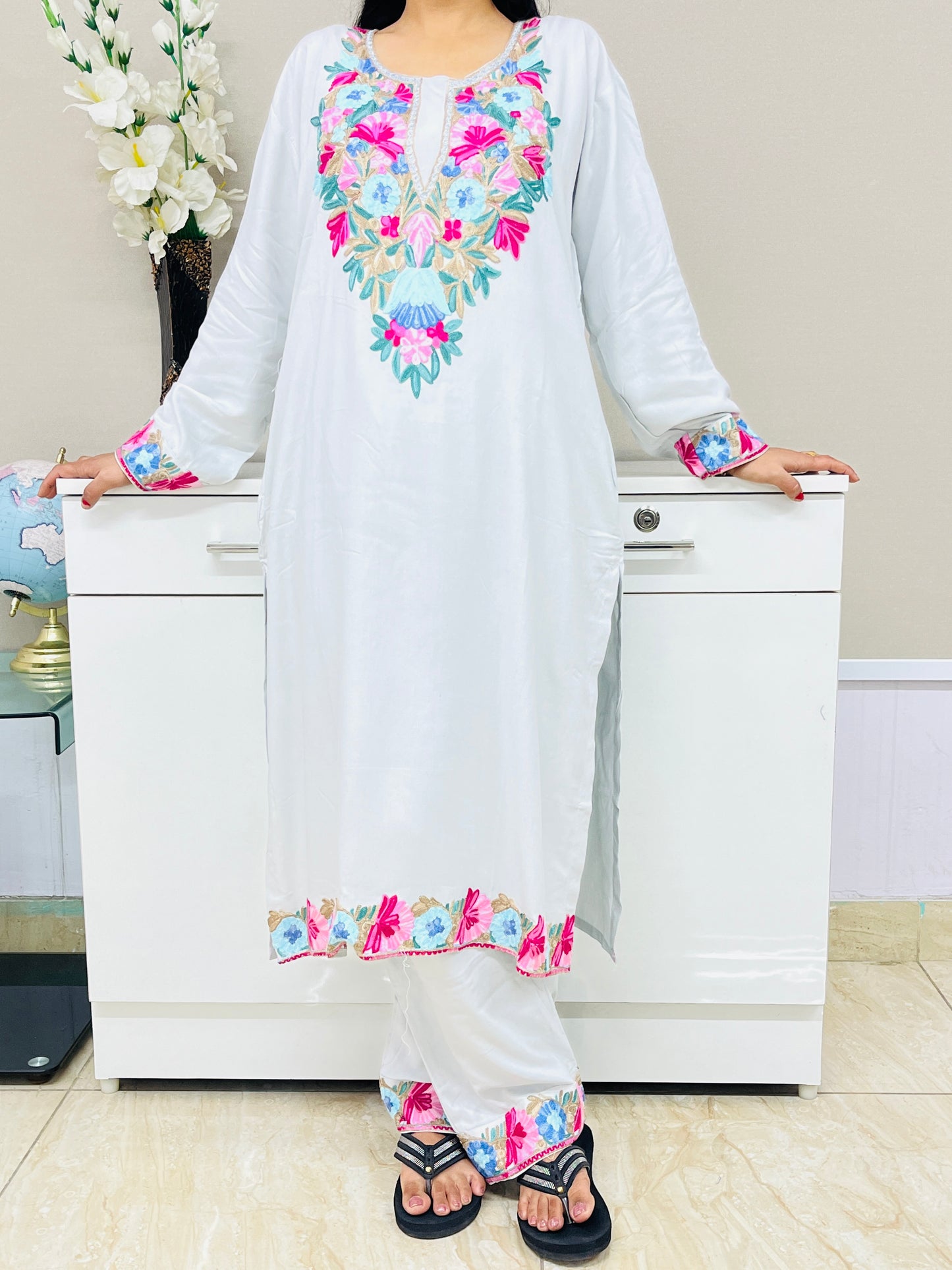  Multicolor Embroidered Grey Rayon Co-ord Set For Women