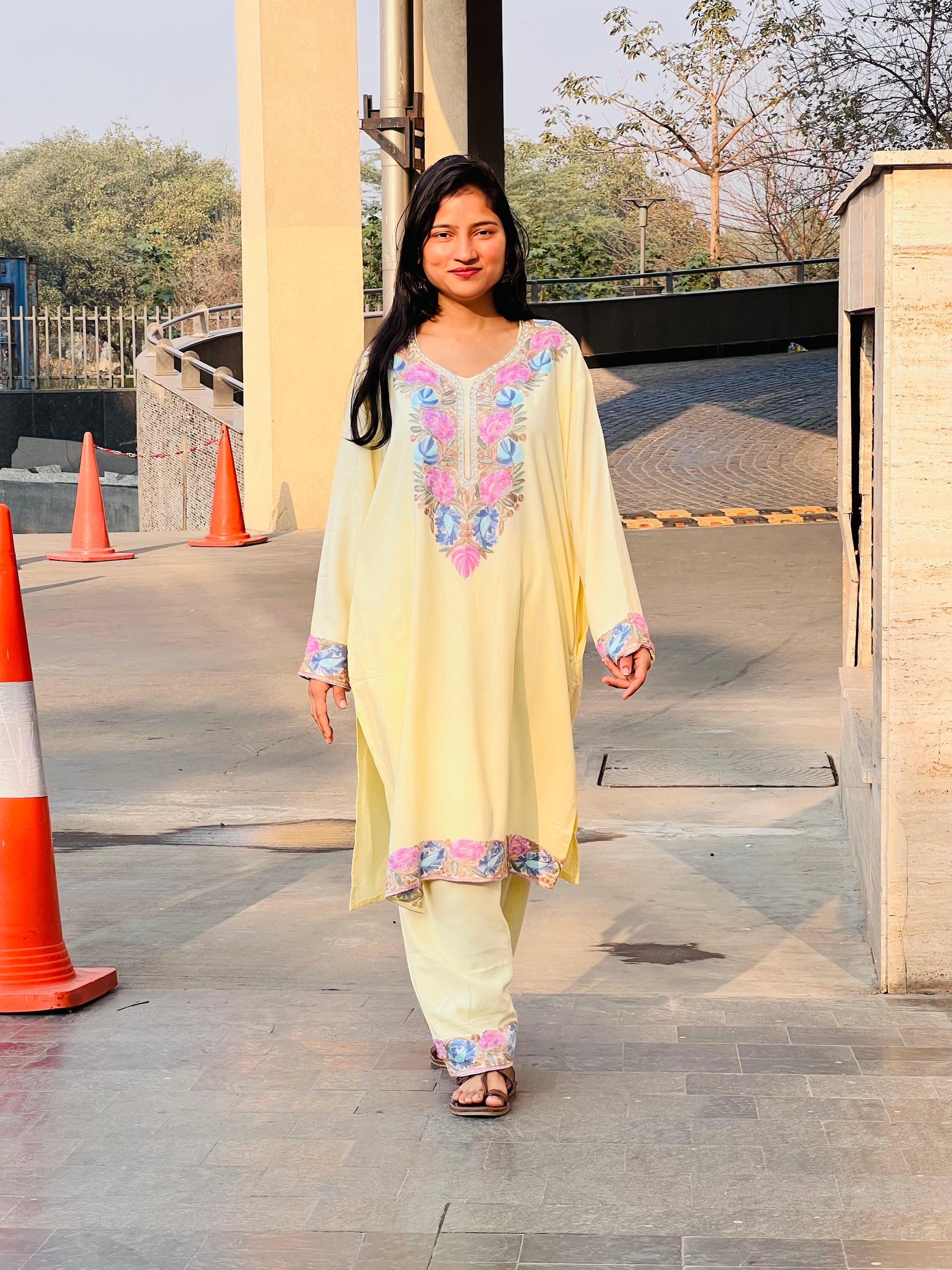 Multicolor Embroidered Yellow Rayon Co-ord Set 