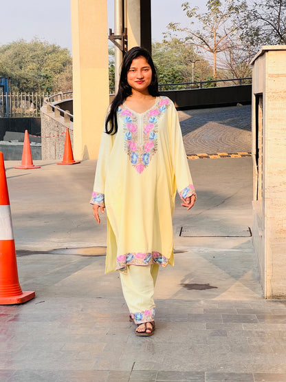 Multicolor Embroidered Yellow Rayon Co-ord Set 