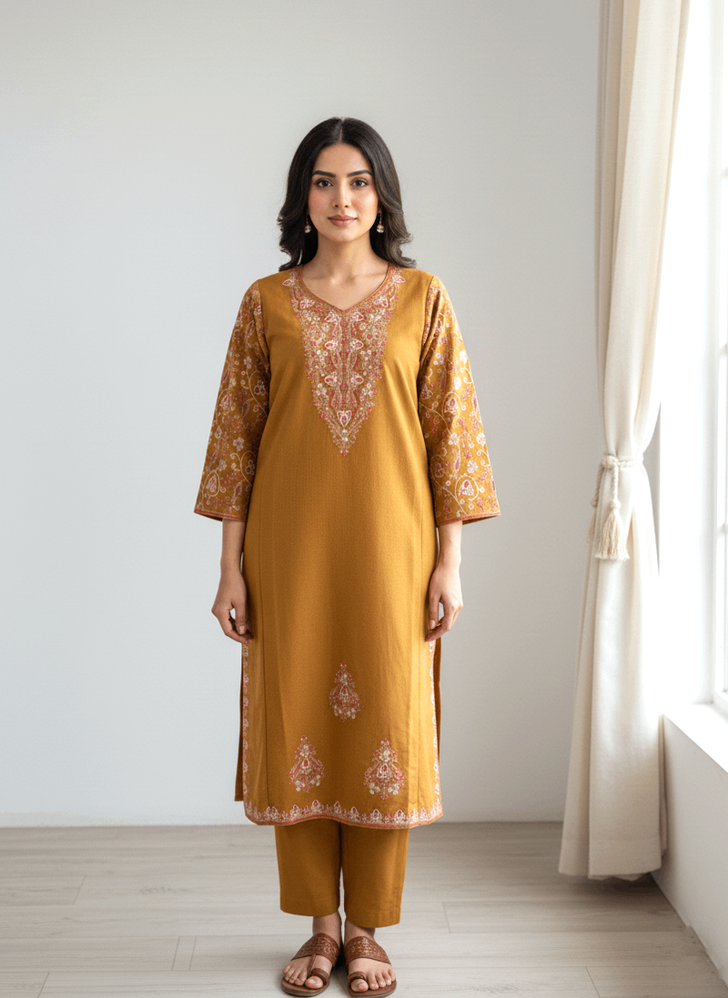 Mustard Aari–Tilla Embroidered Kashmiri Pheran
