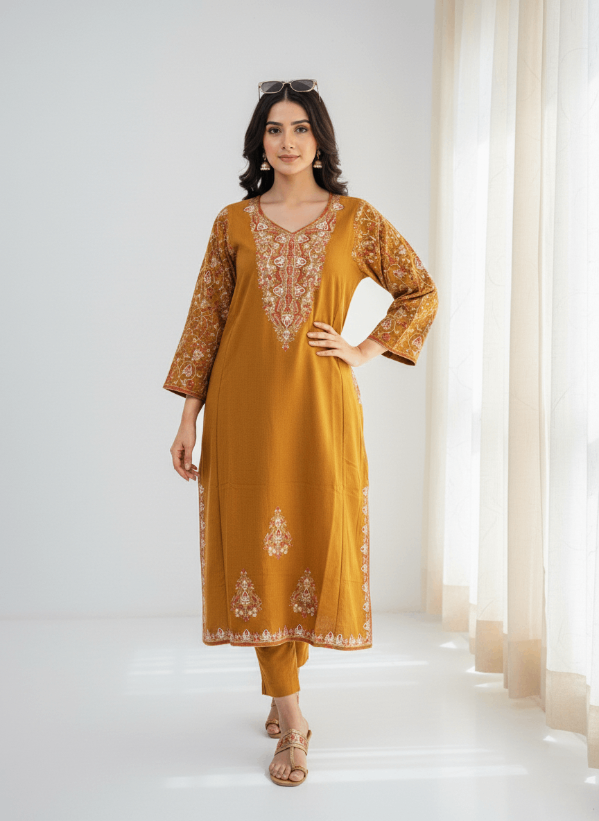 Mustard Aari–Tilla Embroidered Kashmiri Pheran