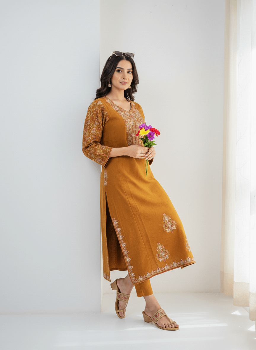 Mustard Aari–Tilla Embroidered Kashmiri Pheran