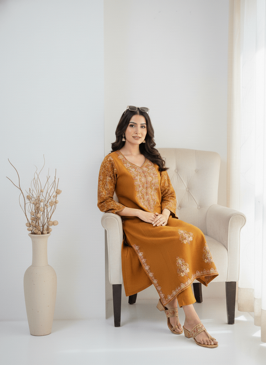 Mustard Aari–Tilla Embroidered Kashmiri Pheran