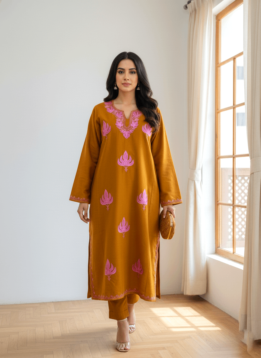 Mustard Brown & Purple Boti Aari Embroidered Kashmiri Pheran