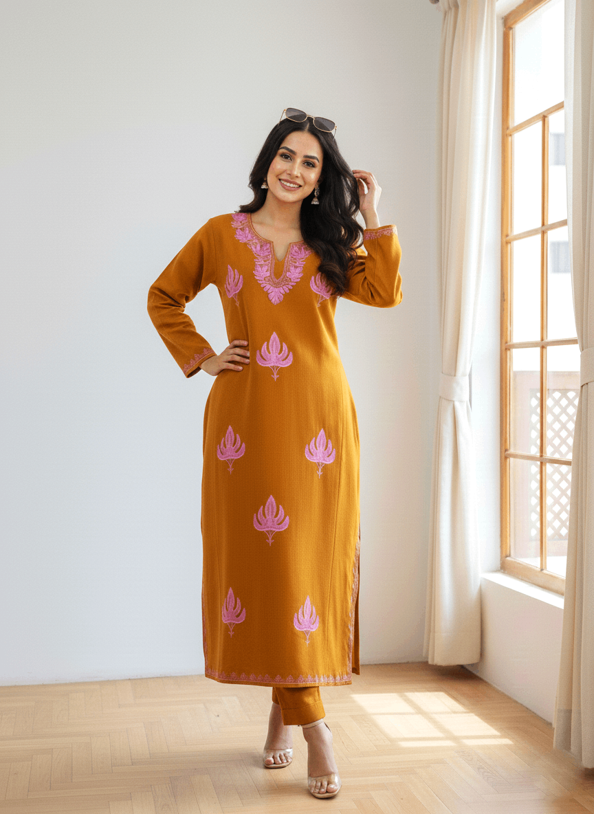 Mustard Brown & Purple Boti Aari Embroidered Kashmiri Pheran