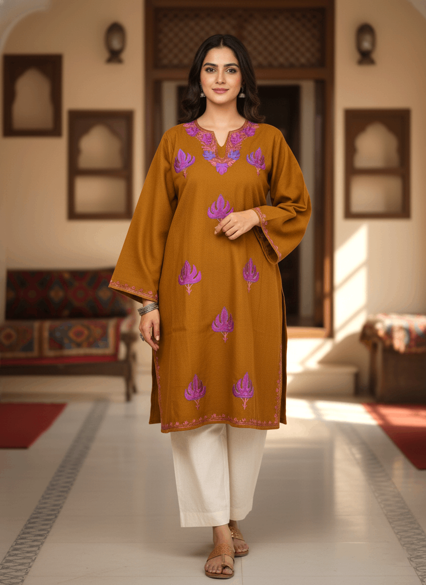 Mustard Brown & Purple Embroidered Kashmiri Pheran