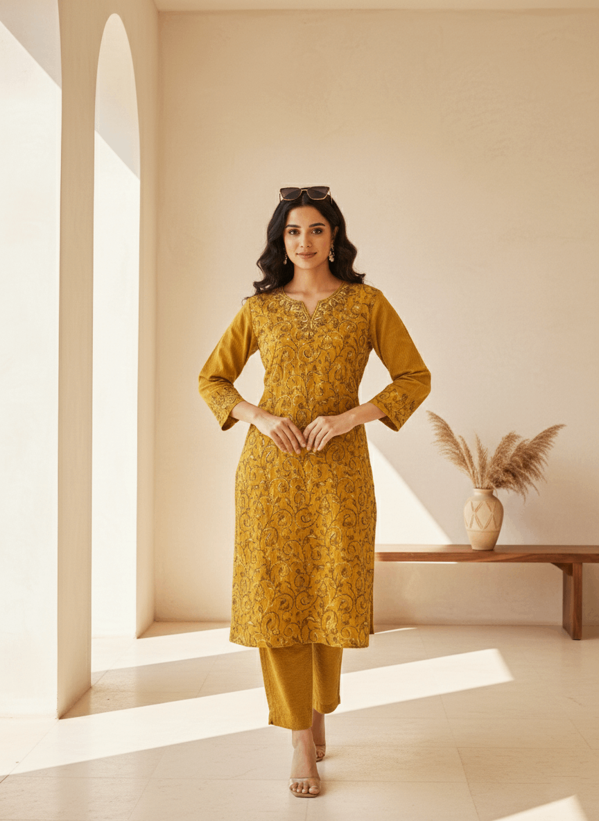 Mustard Aari Embroidered Cotton Coord Set