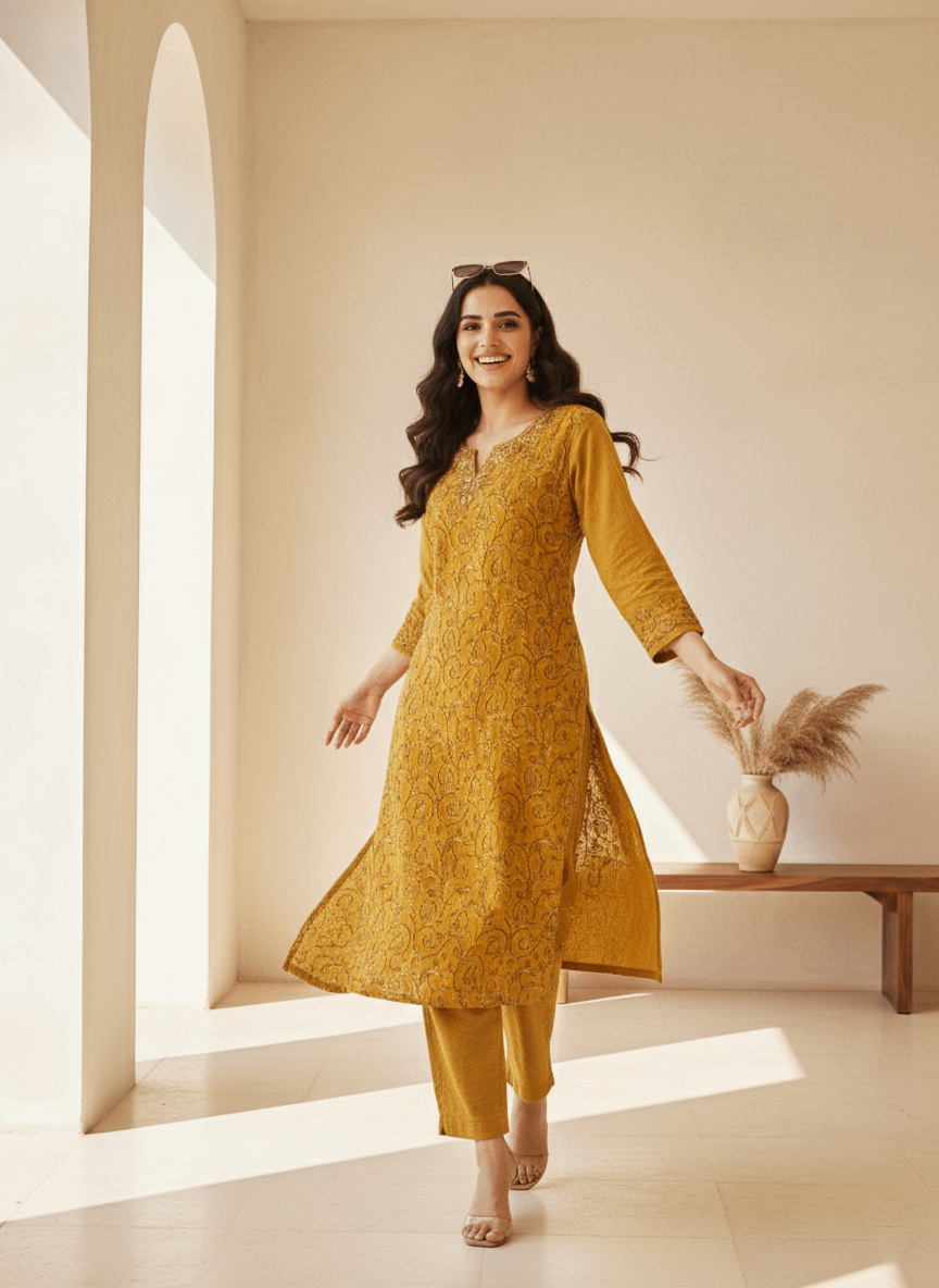 Mustard Aari Embroidered Cotton Coord Set