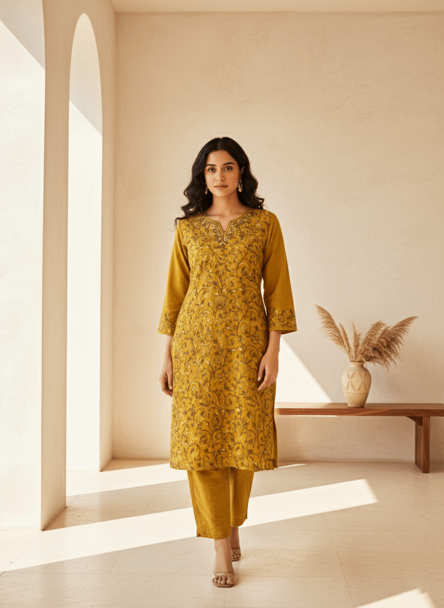 Mustard Aari Embroidered Cotton Coord Set