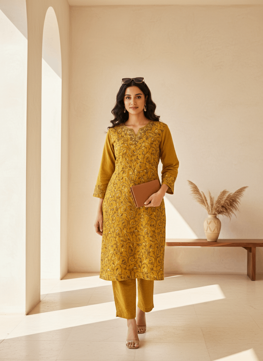Mustard Aari Embroidered Cotton Coord Set