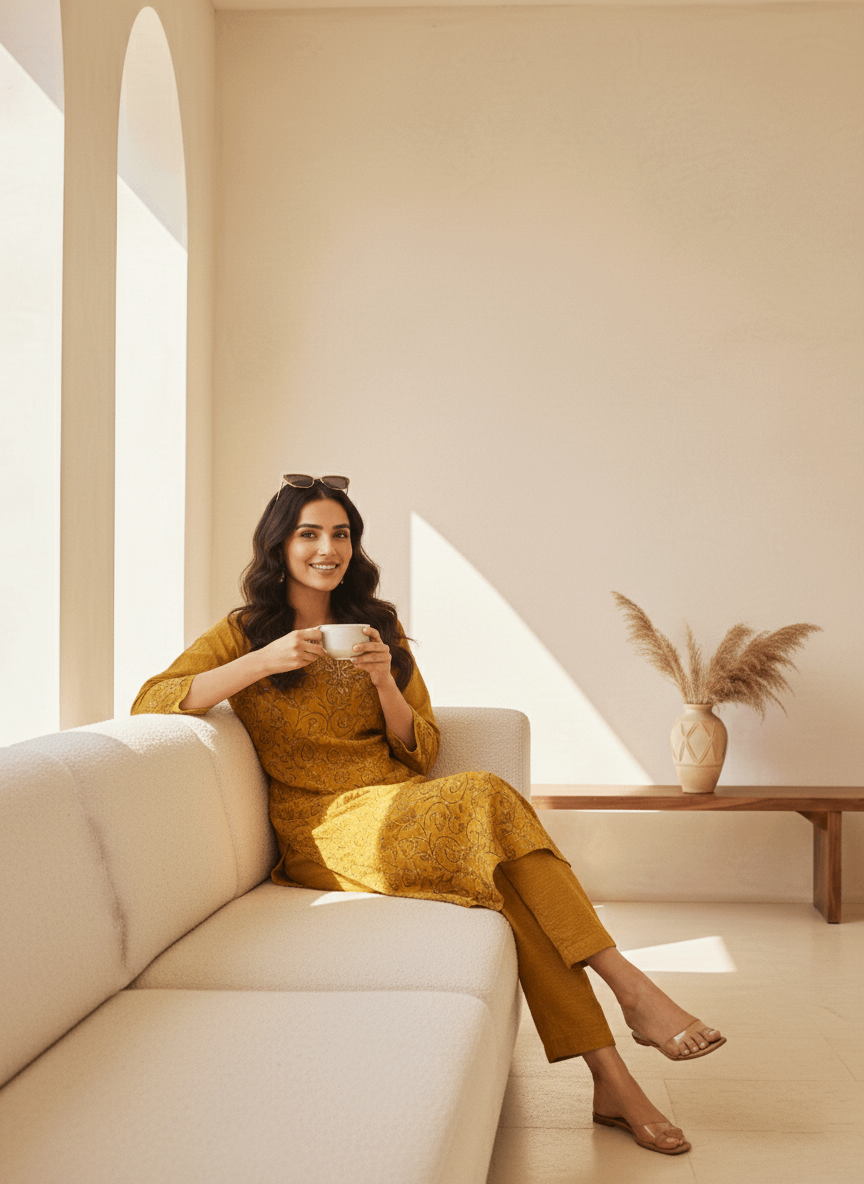 Mustard Aari Embroidered Cotton Coord Set