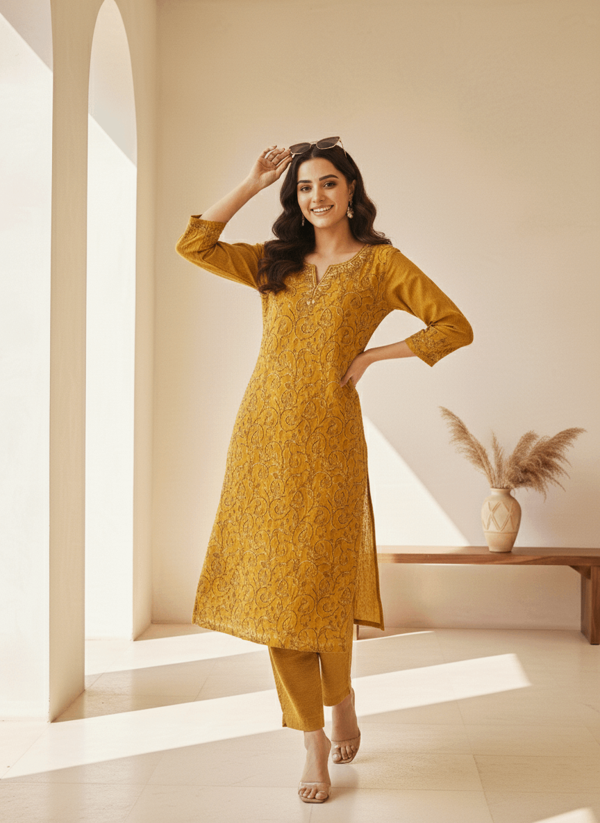 Mustard Aari Embroidered Cotton Coord Set