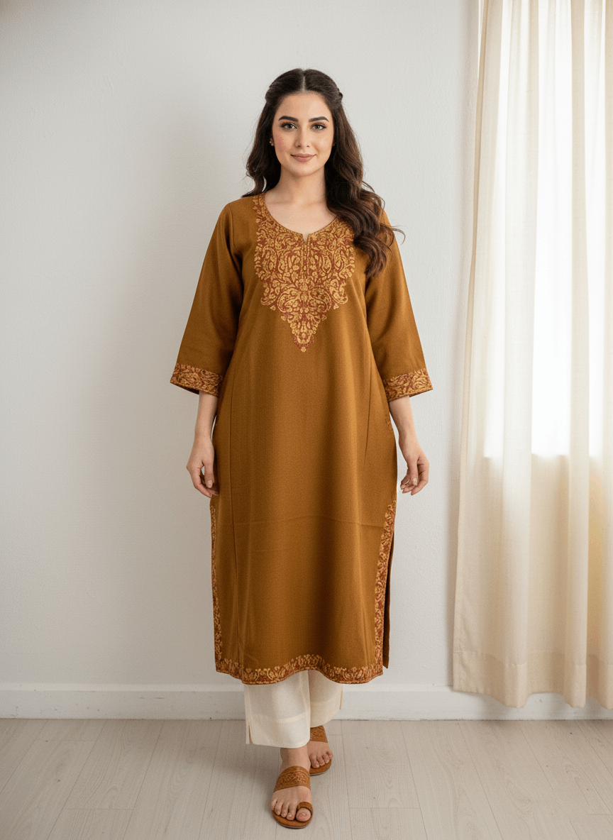 Mustard Floral Aari Embroidered Kashmiri Pheran