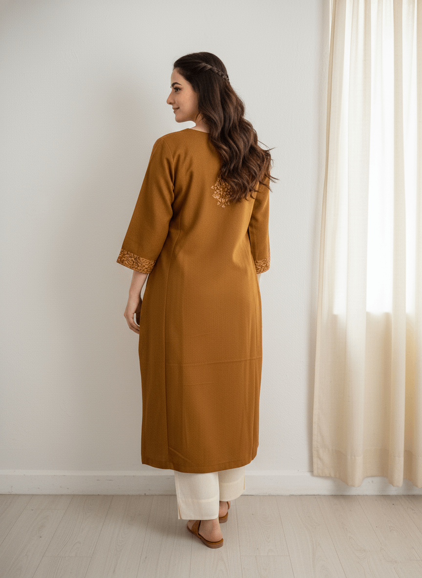 Mustard Floral Aari Embroidered Kashmiri Pheran