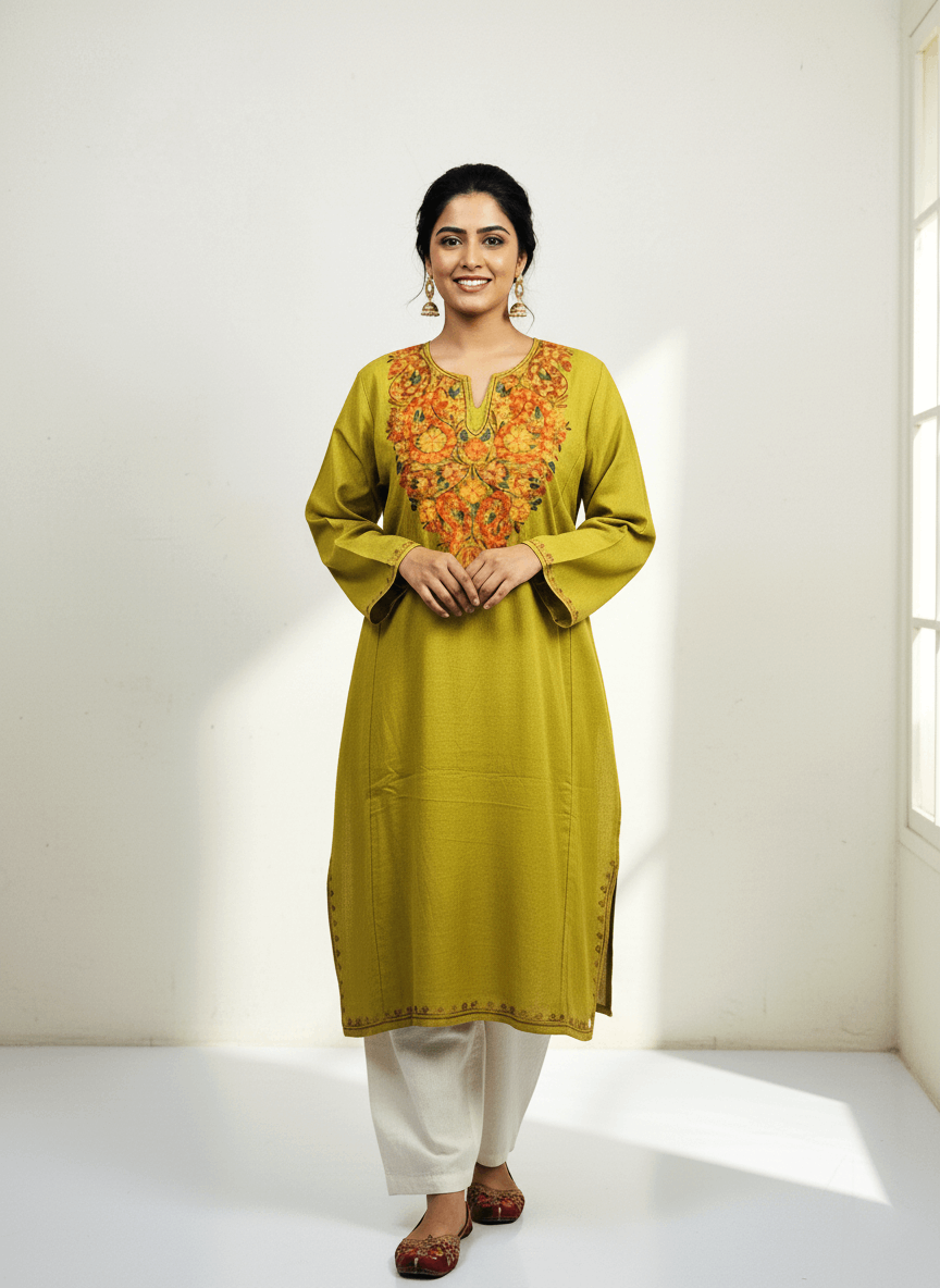 Olive Embroidered Kashmiri Pheran