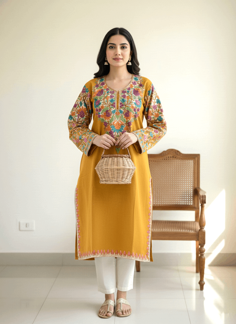 Mustard Yellow & Multicolor Embroidered Kashmiri Pheran