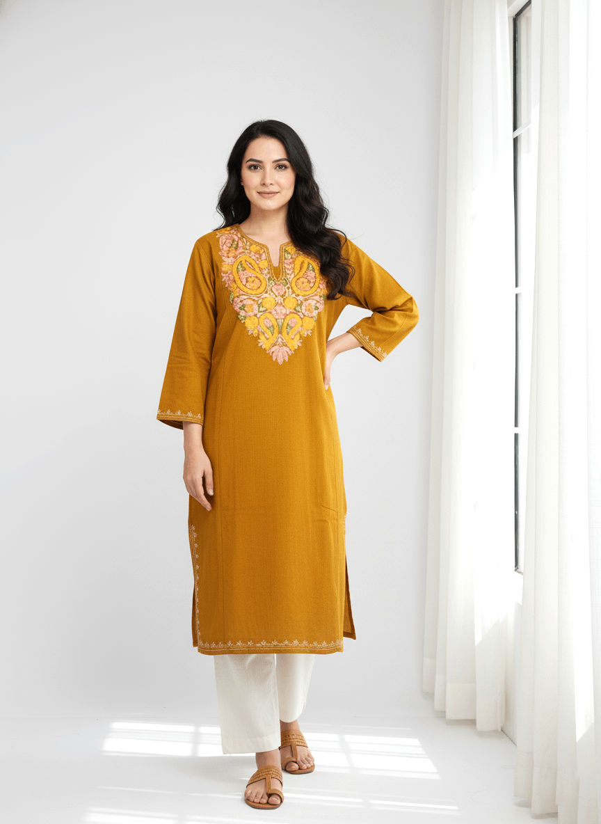 Mustard Yellow Floral Embroidered Kashmiri Pheran