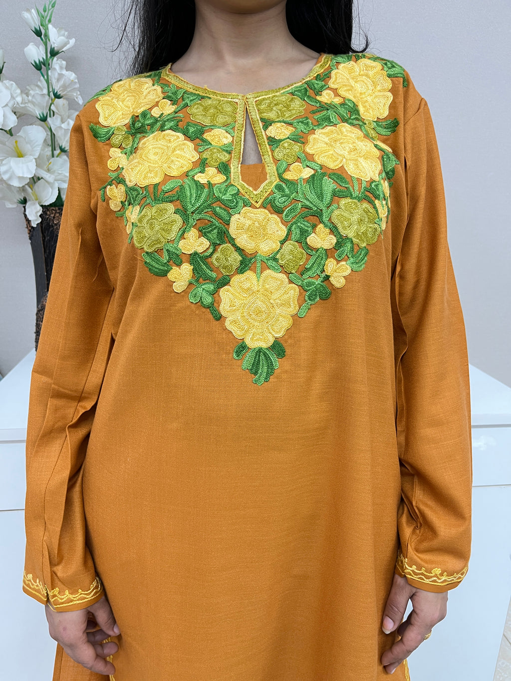 Mustard Embroidered Cotton Straight Kurti 